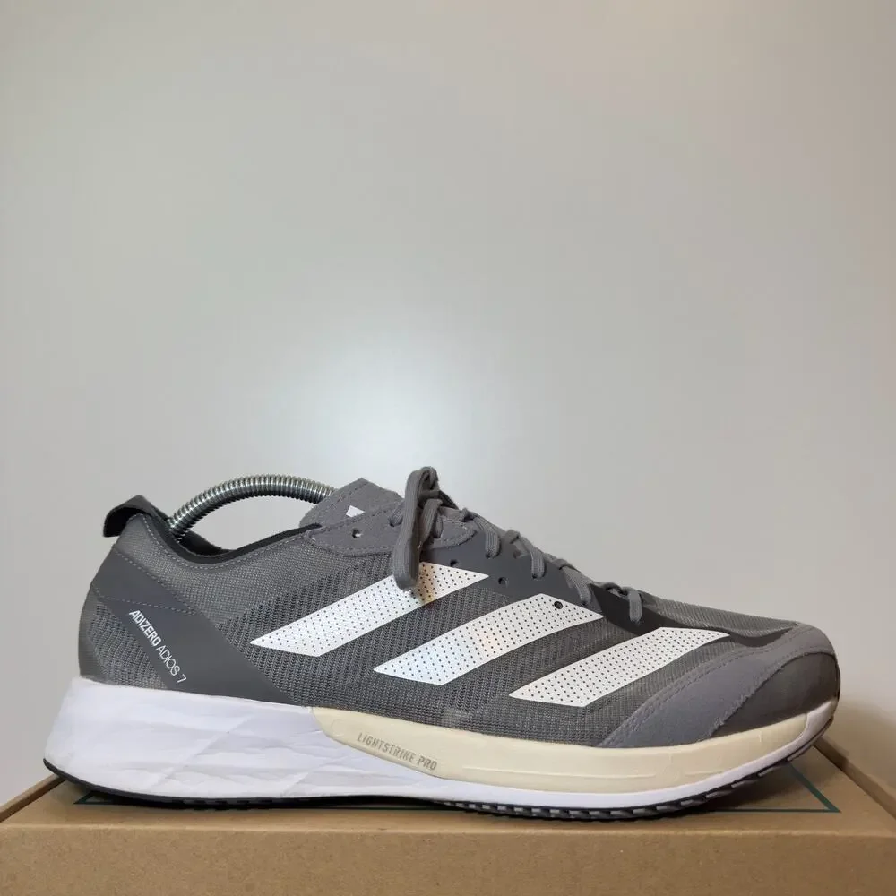 Adidas Adizero Adios 7 Mens 11.5 Gray White Running Training Sneakers Shoes